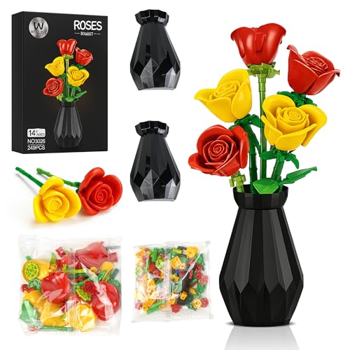 Woolbye Flower Building Set – Lego-Compatible Roses Bouquet with Vase, Everlasting Home & Office Décor, DIY Craft Gift for Adults