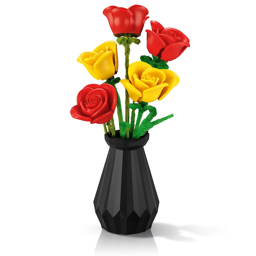 Woolbye Flower Building Set – Lego-Compatible Roses Bouquet with Vase, Everlasting Home & Office Décor, DIY Craft Gift for Adults