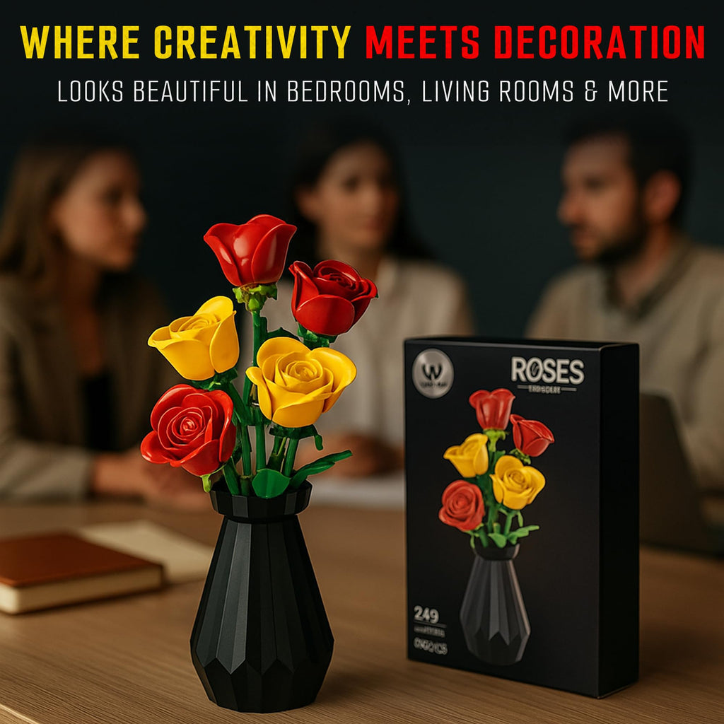Woolbye Flower Building Set – Lego-Compatible Roses Bouquet with Vase, Everlasting Home & Office Décor, DIY Craft Gift for Adults