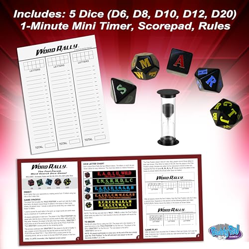 Word Rally Fast-Paced Word Building Dice Game by Buddypalgames | 5 RPG Letter Dice | Family Game Night