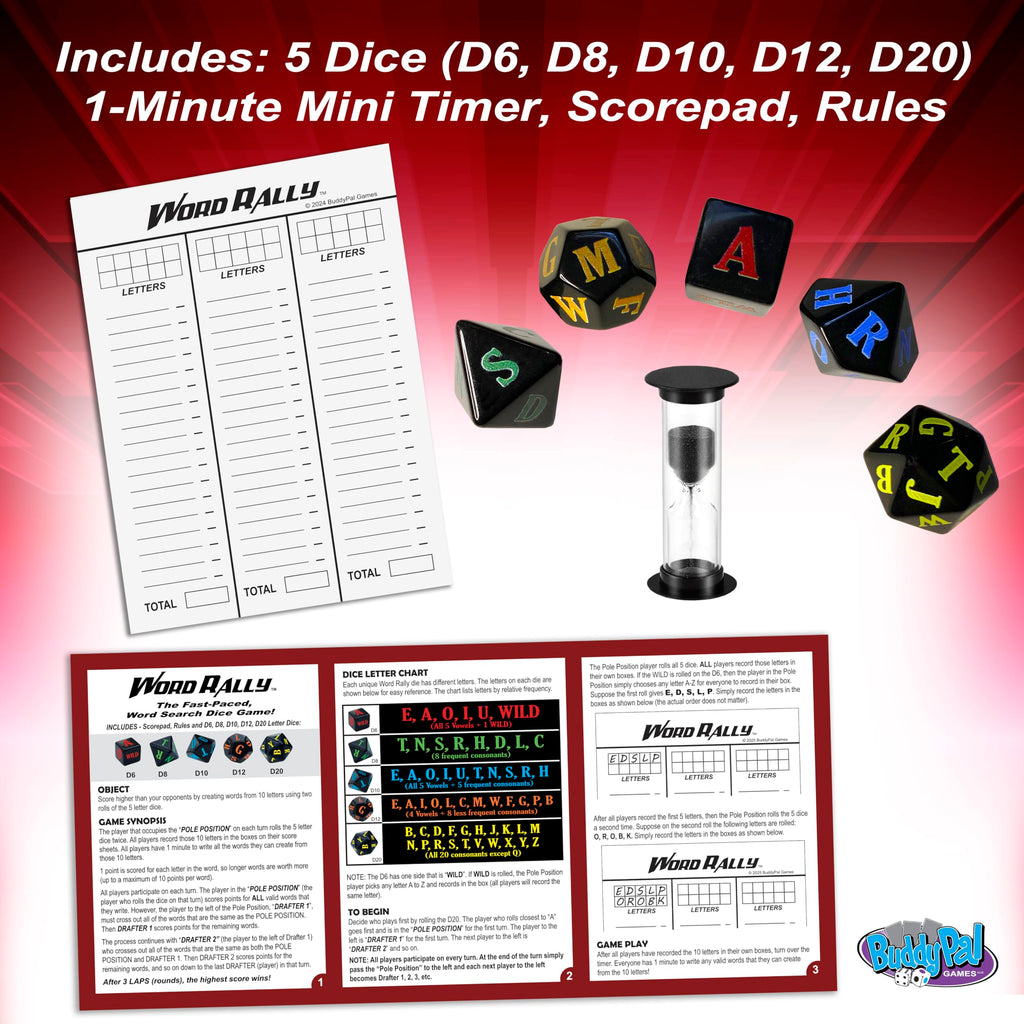 Word Rally Fast-Paced Word Building Dice Game by Buddypalgames | 5 RPG Letter Dice | Family Game Night