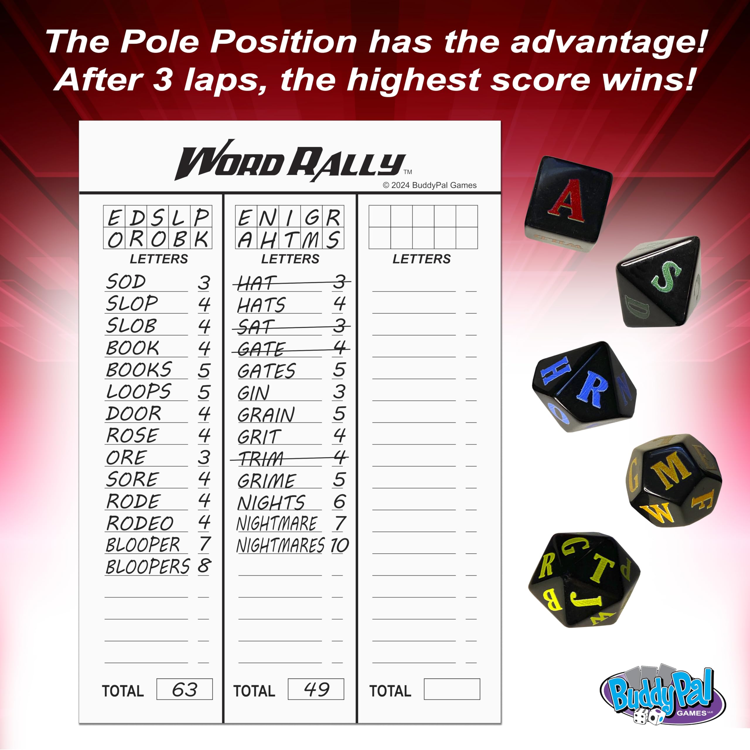 Word Rally Fast-Paced Word Building Dice Game by Buddypalgames | 5 RPG Letter Dice | Family Game Night