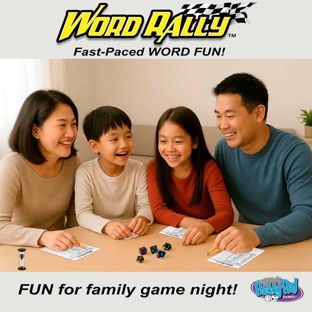 Word Rally Fast-Paced Word Building Dice Game by Buddypalgames | 5 RPG Letter Dice | Family Game Night