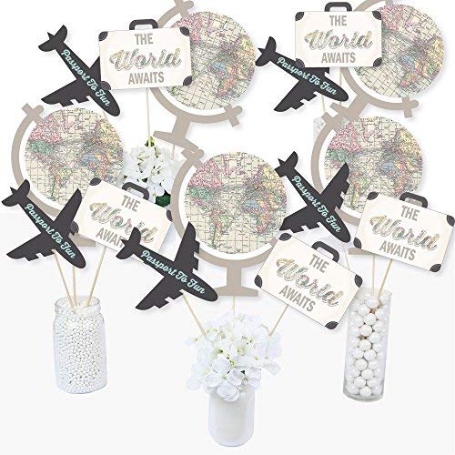 World Awaits Travel Themed Centerpiece Sticks - Set of 15 Table Toppers