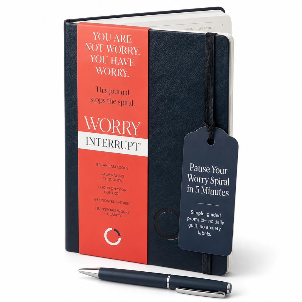 Worry Interrupt Journal – Undated Guided Anxiety Journal for Overthinkers, 66 Entries, 5-10 Minute Prompts, A5 Faux Leather, Deep Blue