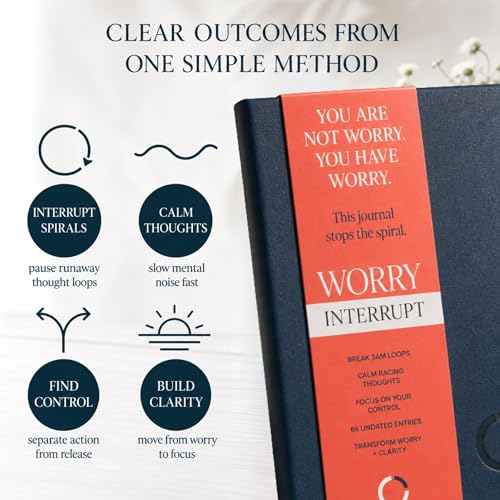 Worry Interrupt Journal – Undated Guided Anxiety Journal for Overthinkers, 66 Entries, 5-10 Minute Prompts, A5 Faux Leather, Deep Blue