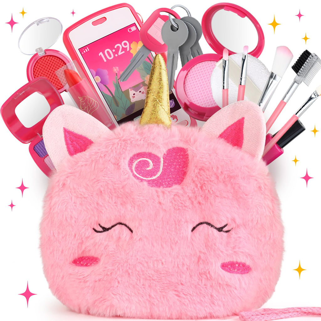 Woumserta Unicorn Pretend Makeup Set for Toddlers - Safe Play Makeup Kit for Girls Ages 3-6 with Storage Bag and Role-Play Accessories