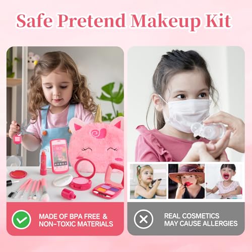 Woumserta Unicorn Pretend Makeup Set for Toddlers - Safe Play Makeup Kit for Girls Ages 3-6 with Storage Bag and Role-Play Accessories