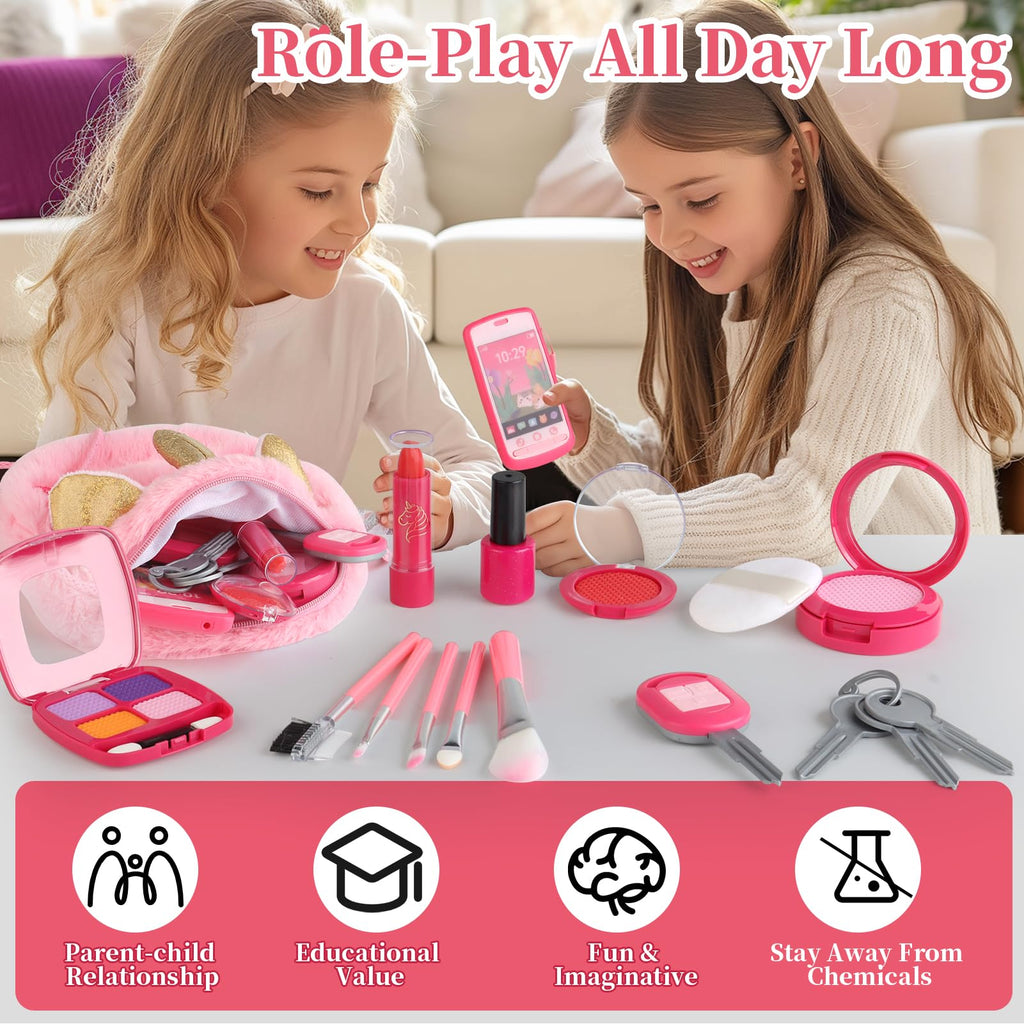 Woumserta Unicorn Pretend Makeup Set for Toddlers - Safe Play Makeup Kit for Girls Ages 3-6 with Storage Bag and Role-Play Accessories