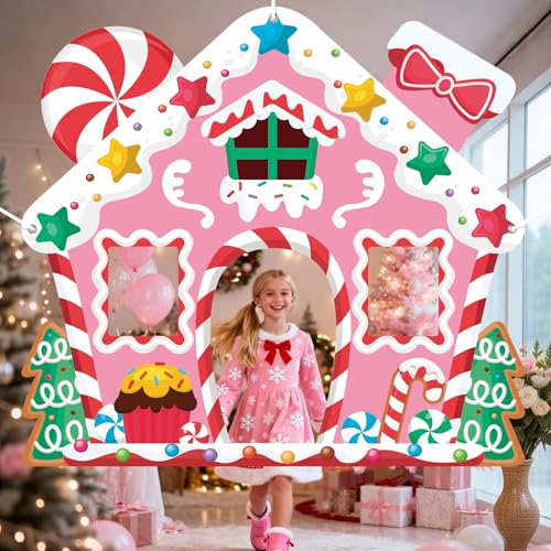WovWeave Life-Size Pink Gingerbread House Backdrop – 65x71 Inch Christmas Decoration for Indoor/Outdoor