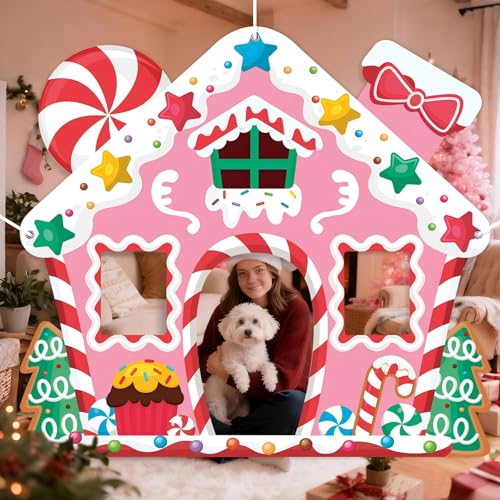 WovWeave Life-Size Pink Gingerbread House Backdrop – 65x71 Inch Christmas Decoration for Indoor/Outdoor