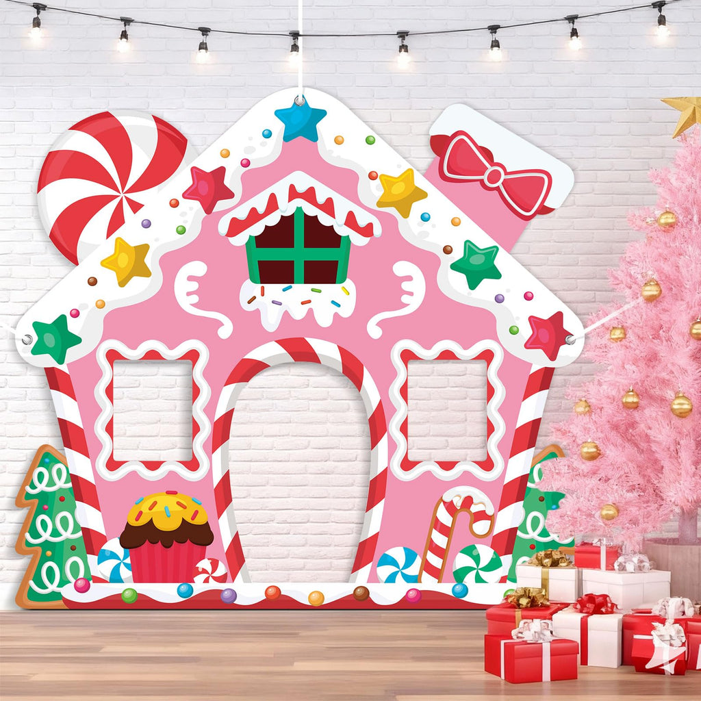 WovWeave Life-Size Pink Gingerbread House Backdrop – 65x71 Inch Christmas Decoration for Indoor/Outdoor