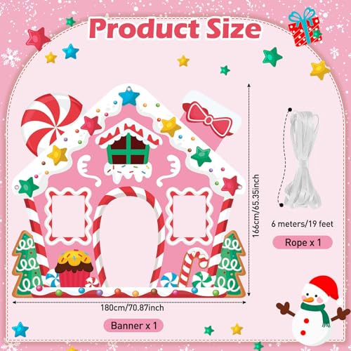 WovWeave Life-Size Pink Gingerbread House Backdrop – 65x71 Inch Christmas Decoration for Indoor/Outdoor