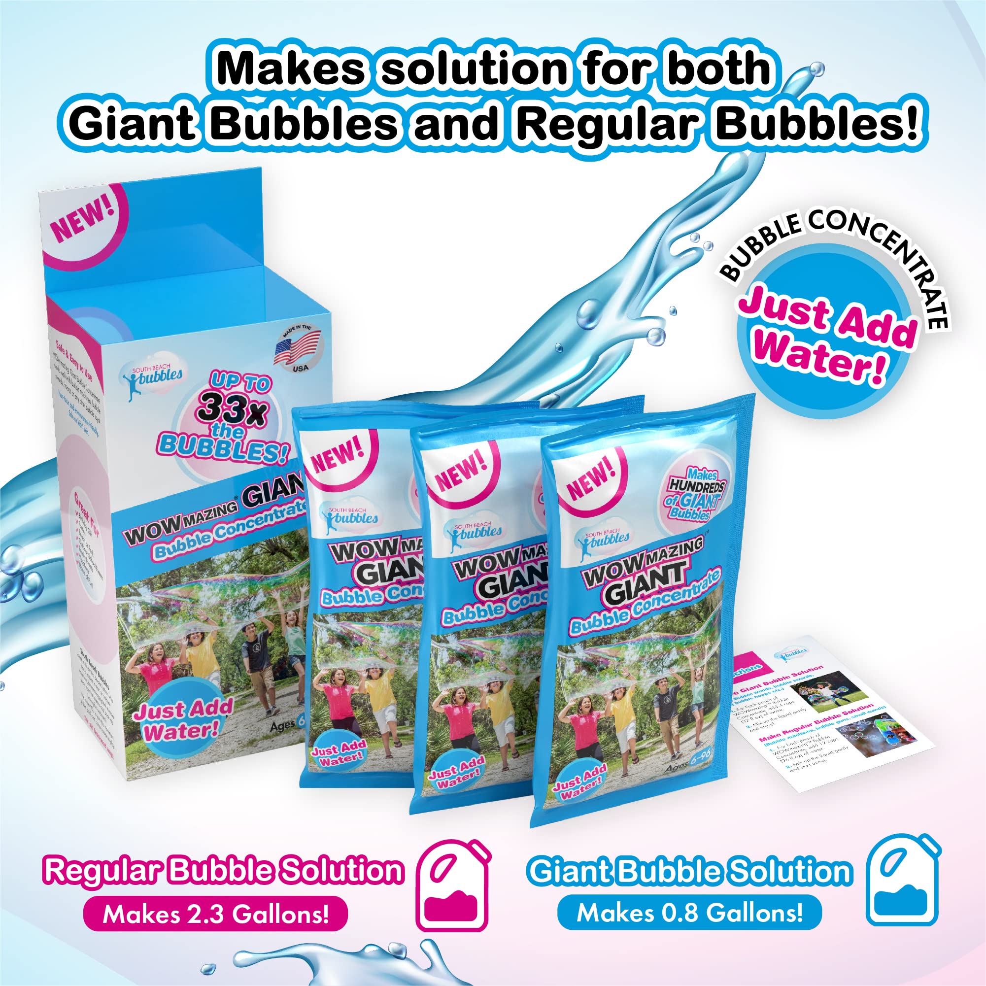 WOWMAZING Big Bubbles Refill – 3-Pack Concentrate Makes 2.3 Gallons – USA Made