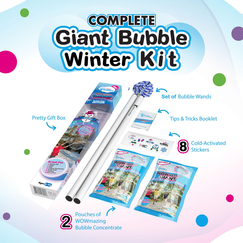WOWMAZING Giant Bubble Kit Winter – 2 Handles, 8 Cold-Activated Stickers, USA Made Solution for Outdoor Fun