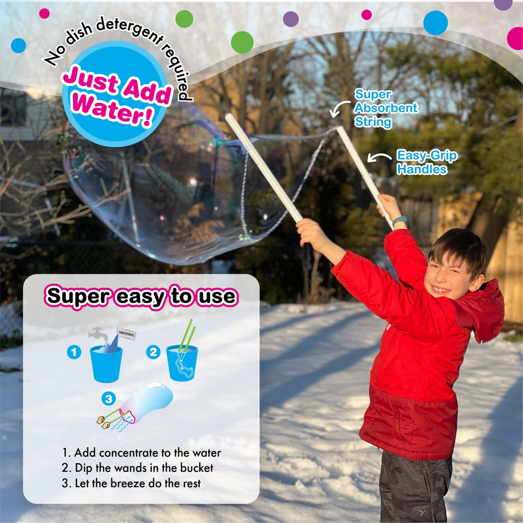 WOWMAZING Giant Bubble Kit Winter – 2 Handles, 8 Cold-Activated Stickers, USA Made Solution for Outdoor Fun