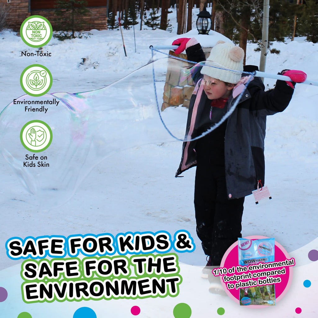 WOWMAZING Giant Bubble Kit Winter – 2 Handles, 8 Cold-Activated Stickers, USA Made Solution for Outdoor Fun