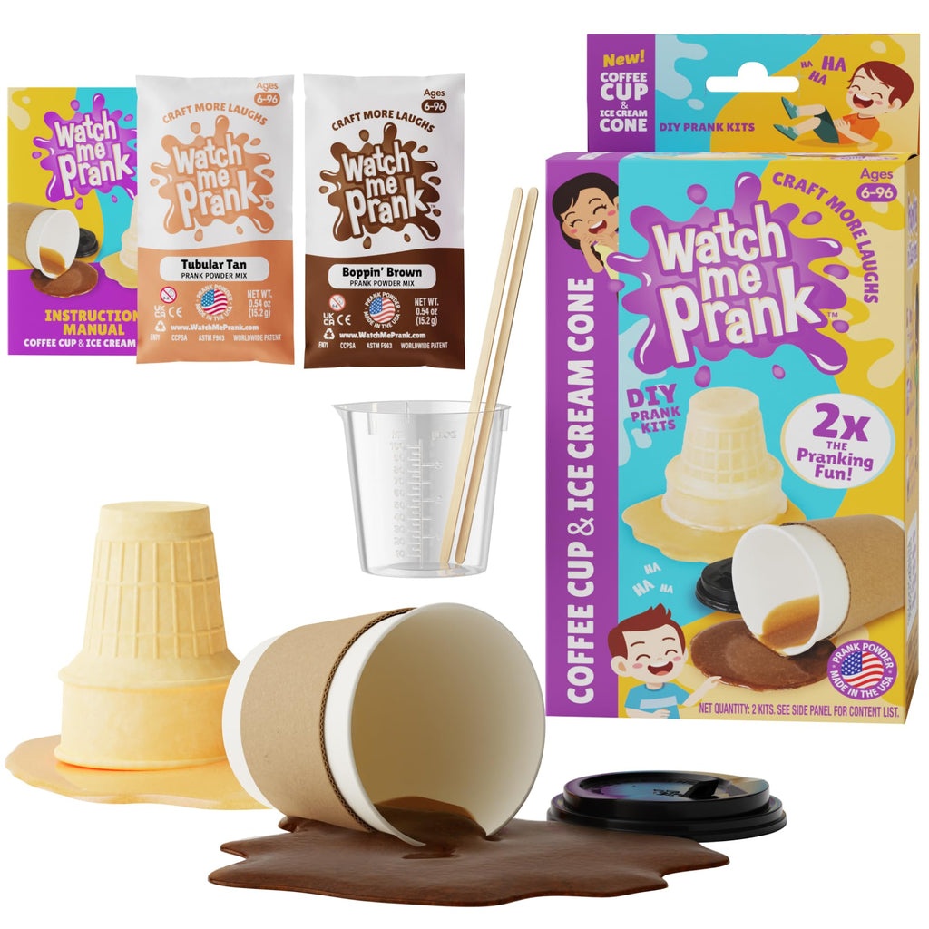 WOWMAZING WatchMePrank Ice Cream Cone & Coffee Cup Prank Kit – Realistic Spill Illusion Set for Kids & Adults