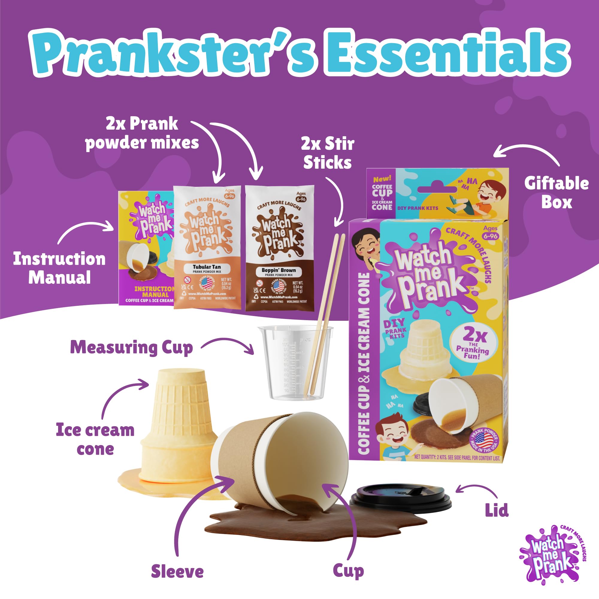 WOWMAZING WatchMePrank Ice Cream Cone & Coffee Cup Prank Kit – Realistic Spill Illusion Set for Kids & Adults
