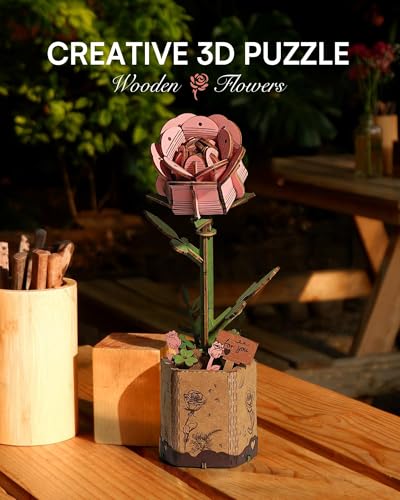 Wowood 3D Wooden Puzzle Pink Rose - 104-Piece DIY Flower Model Kit for Adults