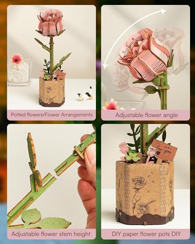 Wowood 3D Wooden Puzzle Pink Rose - 104-Piece DIY Flower Model Kit for Adults