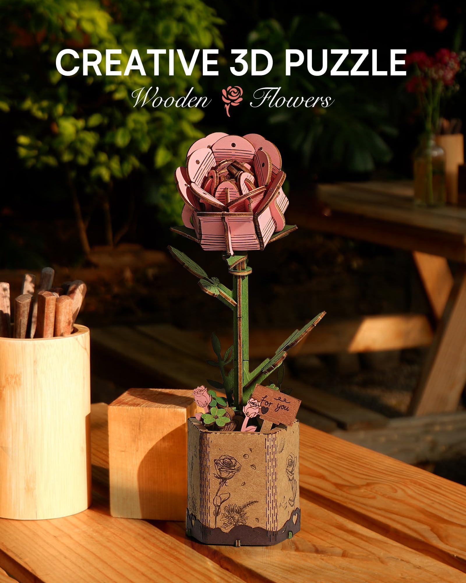 Wowood 3D Wooden Puzzle Pink Rose - 104-Piece DIY Flower Model Kit for Adults