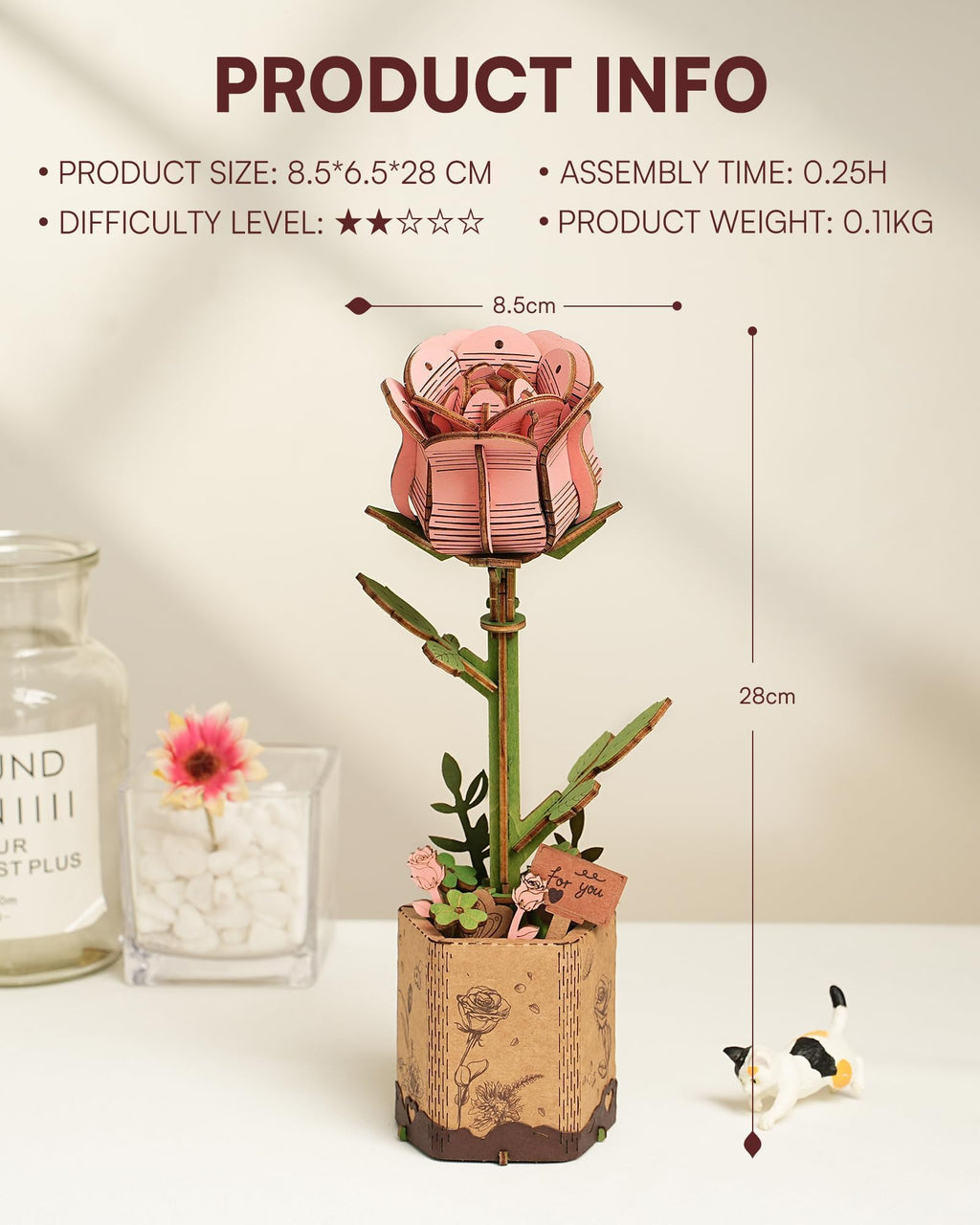 Wowood 3D Wooden Puzzle Pink Rose - 104-Piece DIY Flower Model Kit for Adults