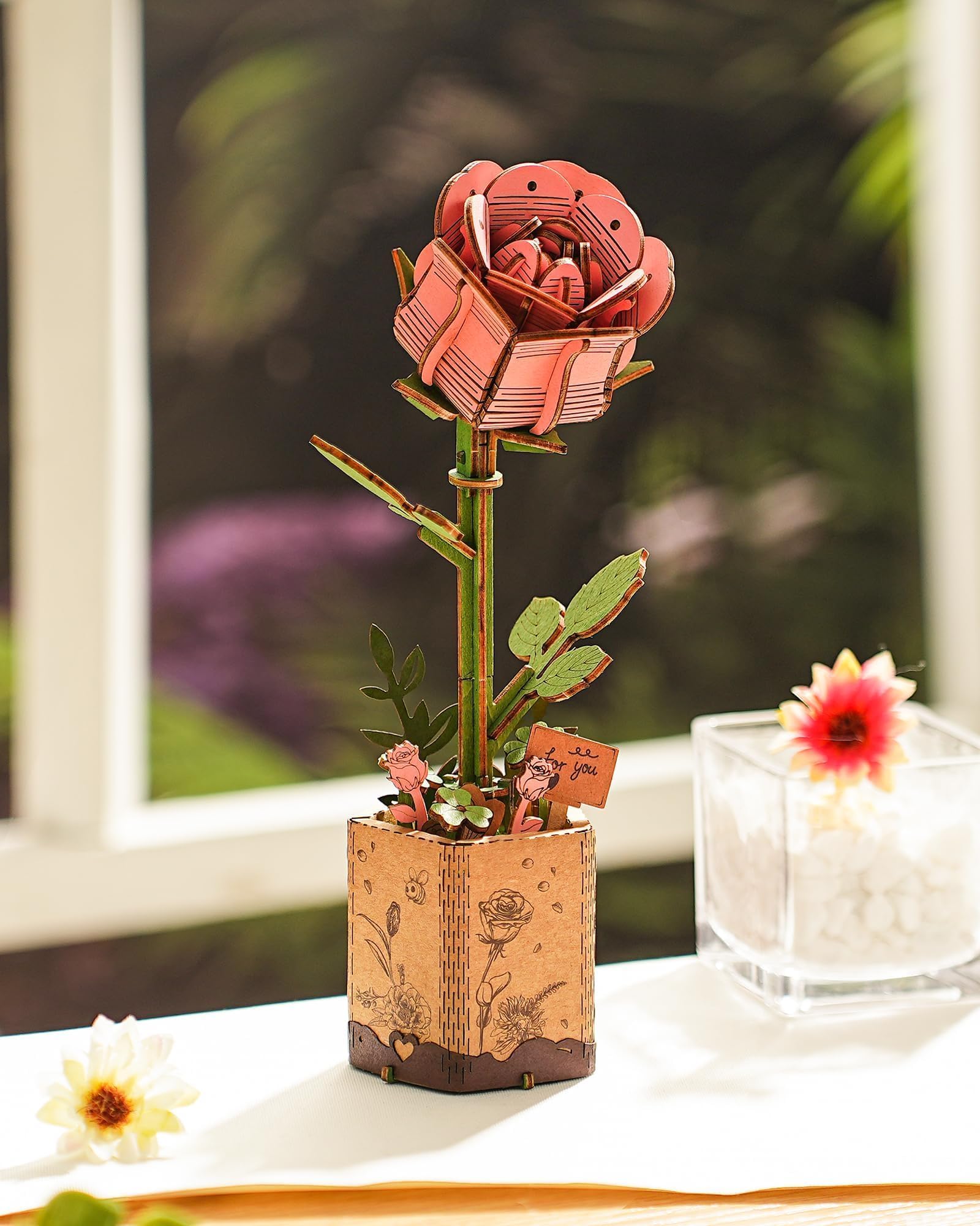 Wowood 3D Wooden Puzzle Pink Rose - 104-Piece DIY Flower Model Kit for Adults
