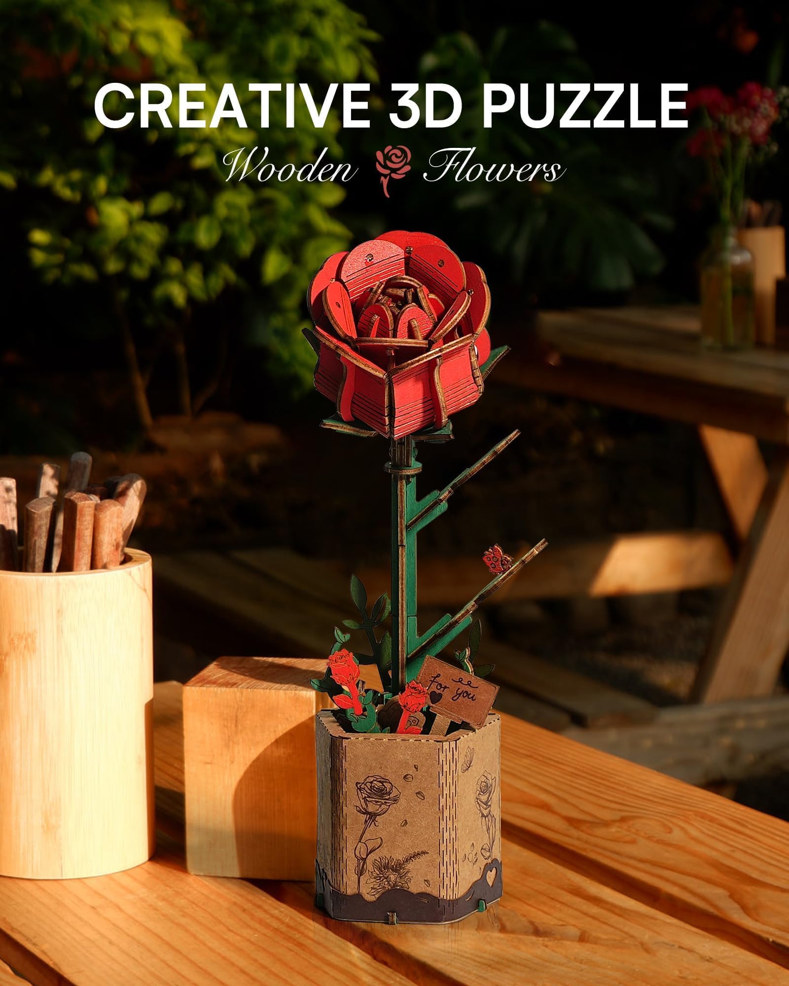 Wowood 3D Wooden Rose Puzzle – 106-Piece DIY Flower Model Kit for Adults