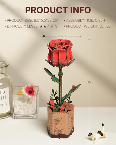 Wowood 3D Wooden Rose Puzzle – 106-Piece DIY Flower Model Kit for Adults