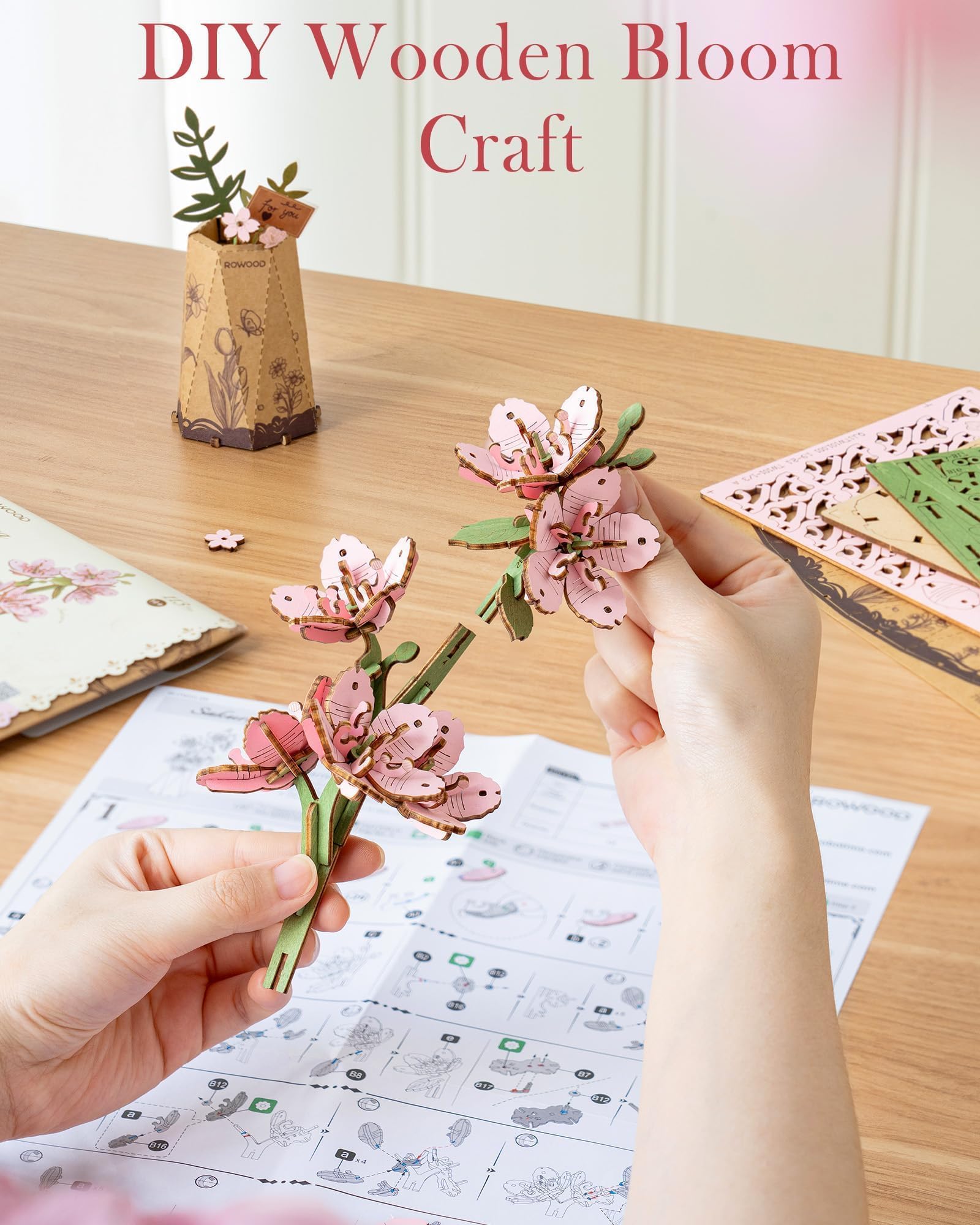 Wowood 3D Wooden Sakura Puzzle - 113-Piece Cherry Blossom Building Kit for Adults, DIY Craft, Home Decor