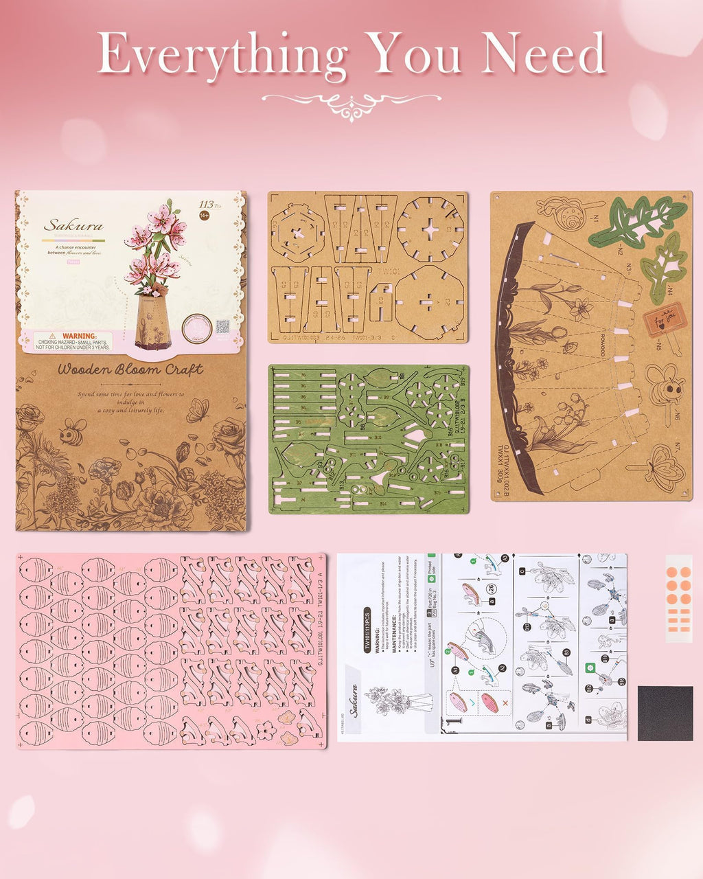 Wowood 3D Wooden Sakura Puzzle - 113-Piece Cherry Blossom Building Kit for Adults, DIY Craft, Home Decor