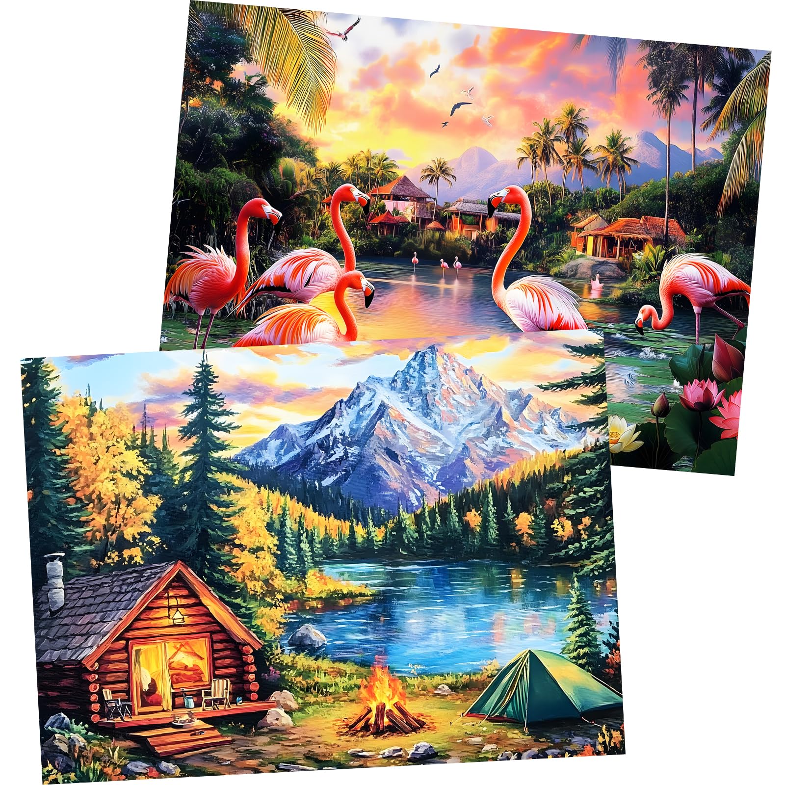WSCXSC 2-Pack 500 Piece Jigsaw Puzzles for Adults – Flamingo Sunset & Snow Mountain Cabin Scenes with Posters
