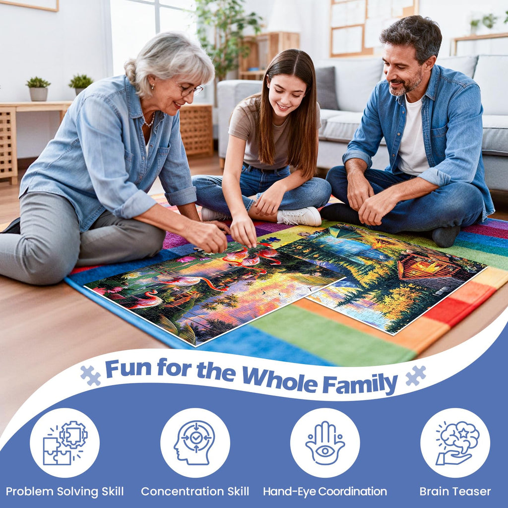 WSCXSC 2-Pack 500 Piece Jigsaw Puzzles for Adults – Flamingo Sunset & Snow Mountain Cabin Scenes with Posters