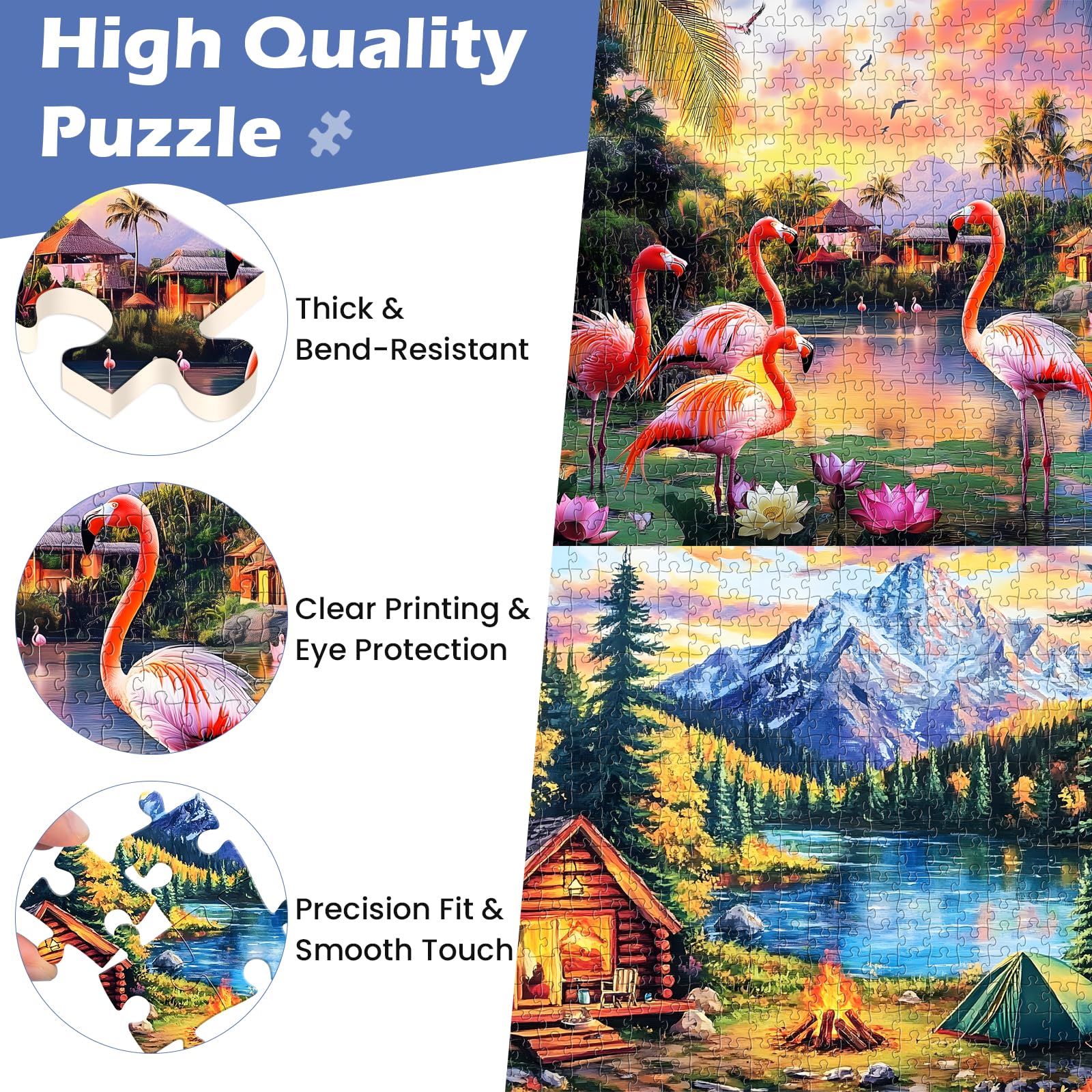 WSCXSC 2-Pack 500 Piece Jigsaw Puzzles for Adults – Flamingo Sunset & Snow Mountain Cabin Scenes with Posters
