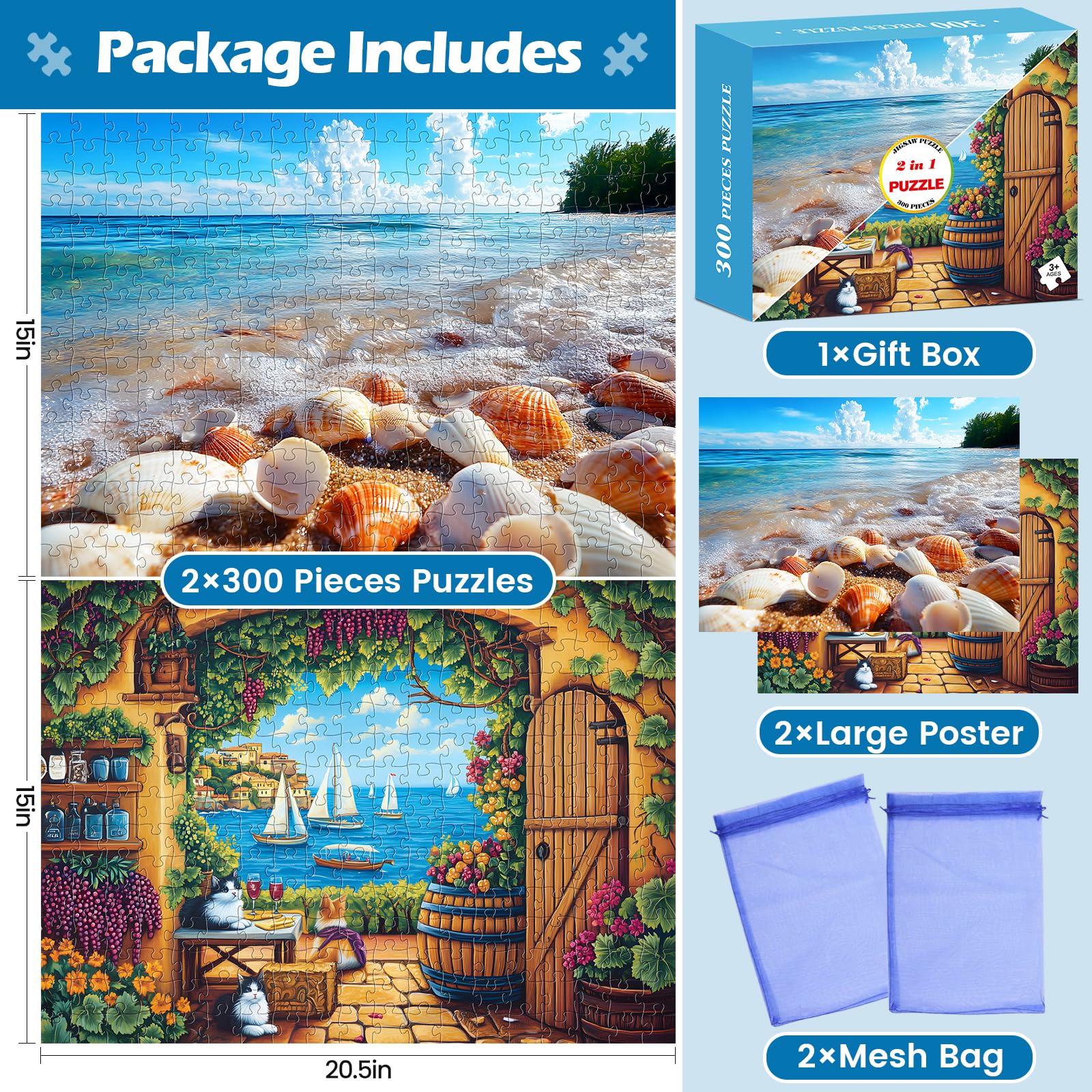 WSCXSC 300 Piece Jigsaw Puzzle Set – 2 Scenes: Winery & Beach – for Adults, Kids, Seniors – Recycled Cardboard