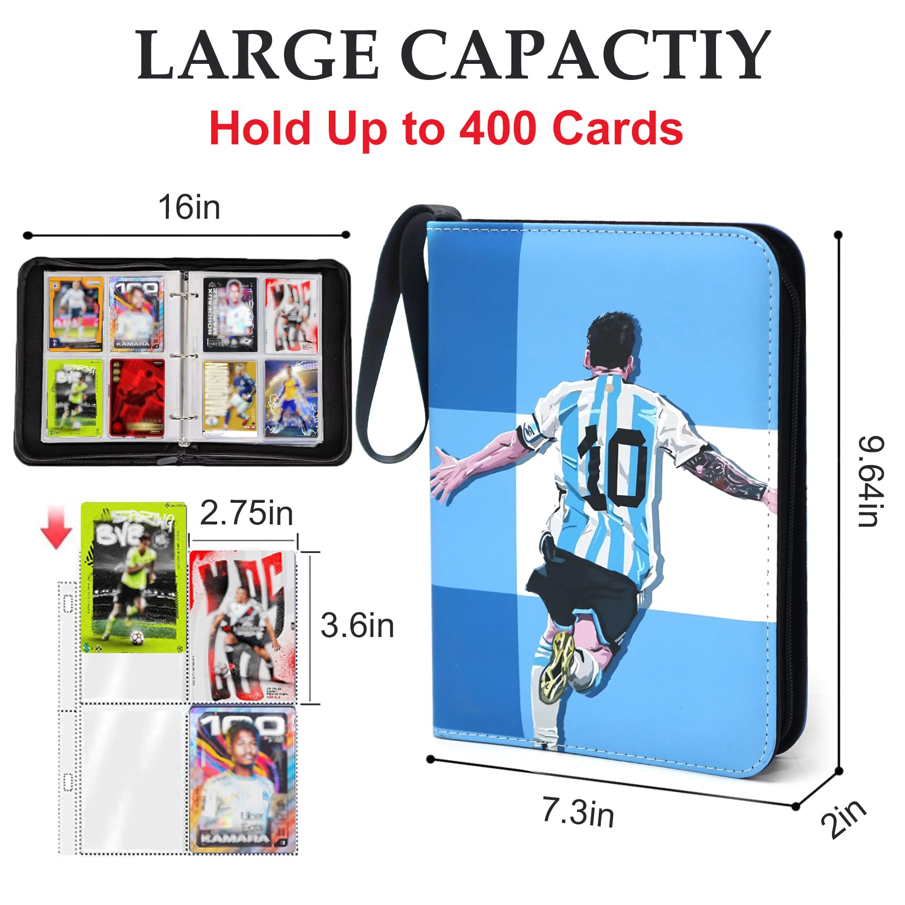 WTVIDAS 400-Pocket Soccer Card Binder – Waterproof PU, 50 Removable Sheets, Zipper & Wrist Strap