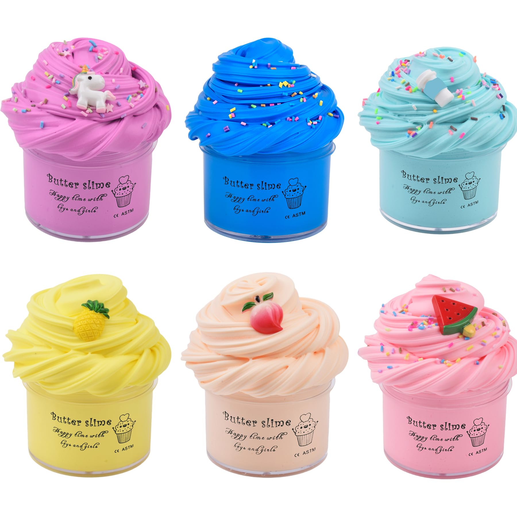 WUHUANIU 6-Pack Scented Butter Slime Kit - Super Soft Non-Sticky, 60ml Each - Party Favor Toy for Kids