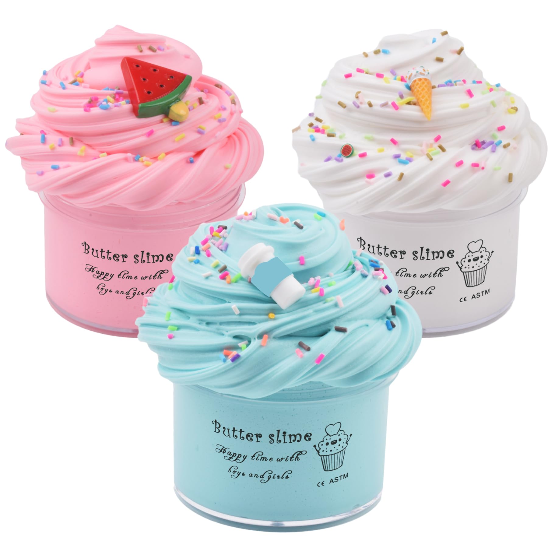 WUHUANIU Scented Slime Kit 3 Pack Butter Slime - Pink Watermelon, White Ice Cream, Sea Blue Coffee - Super Soft Non Sticky DIY Surprise Slime (3x100ml)