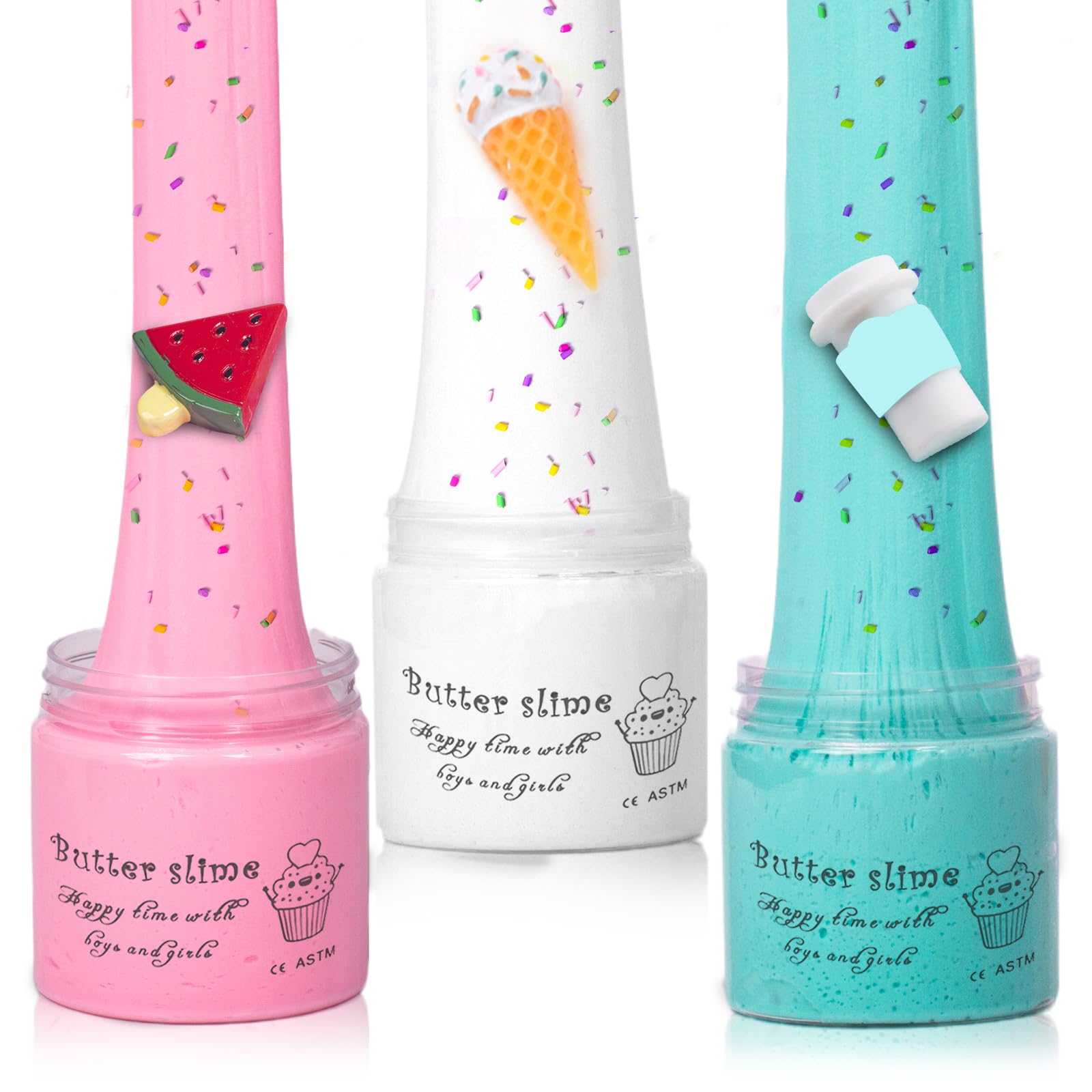 WUHUANIU Scented Slime Kit 3 Pack Butter Slime - Pink Watermelon, White Ice Cream, Sea Blue Coffee - Super Soft Non Sticky DIY Surprise Slime (3x100ml)