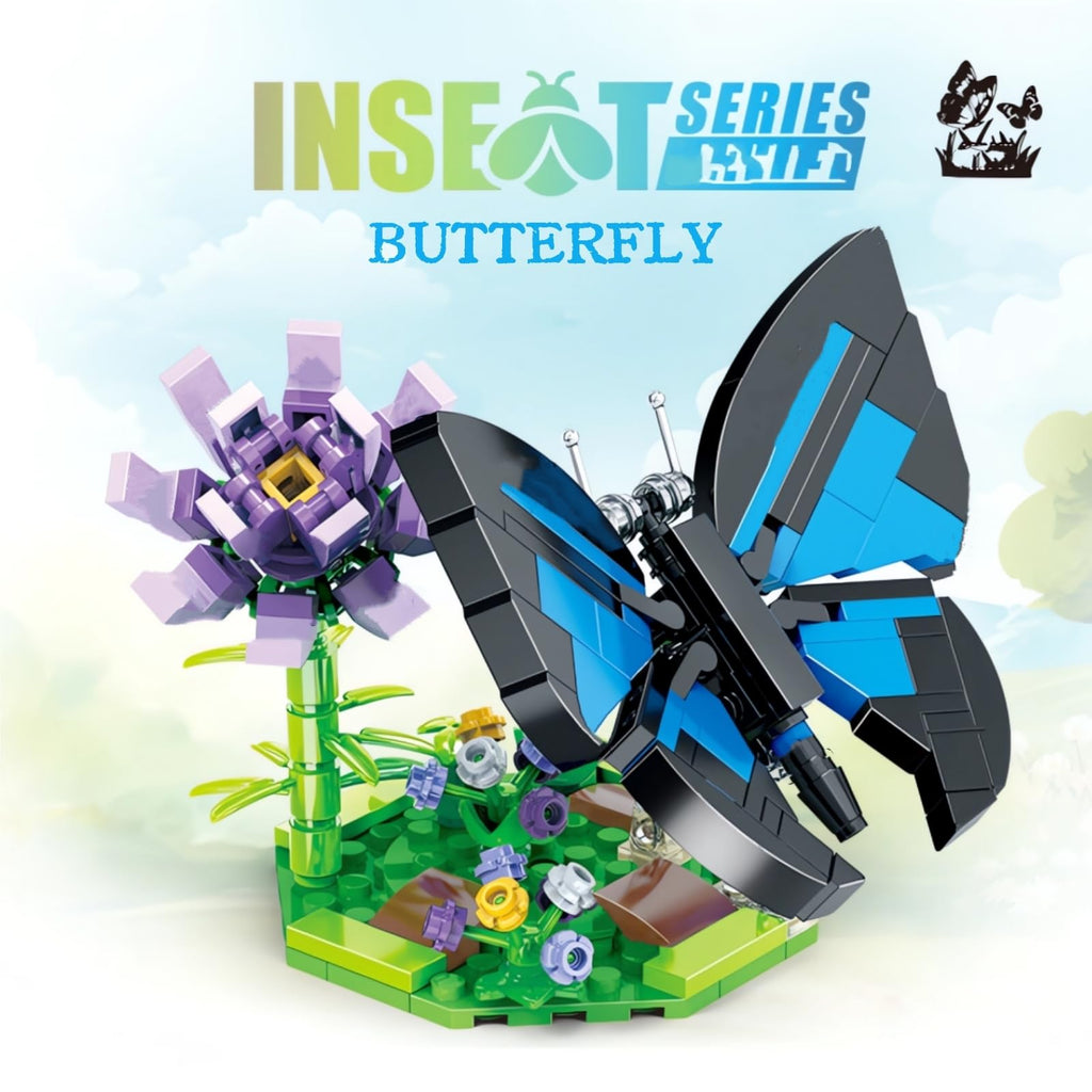 WULOBOOI Blue Morpho Butterfly Building Set – 159-Piece Insect Collection with Flowers for Home Decor