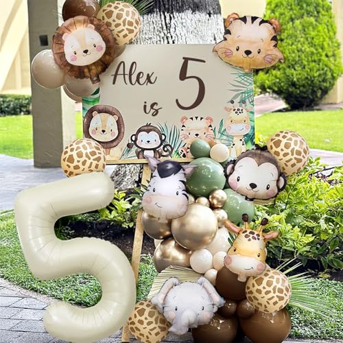 Wuokkig Cream Safari Balloon Garland Kit for 2nd Birthday – 55-Piece Jungle Animal Decor Set with Number 2 Foil Balloon