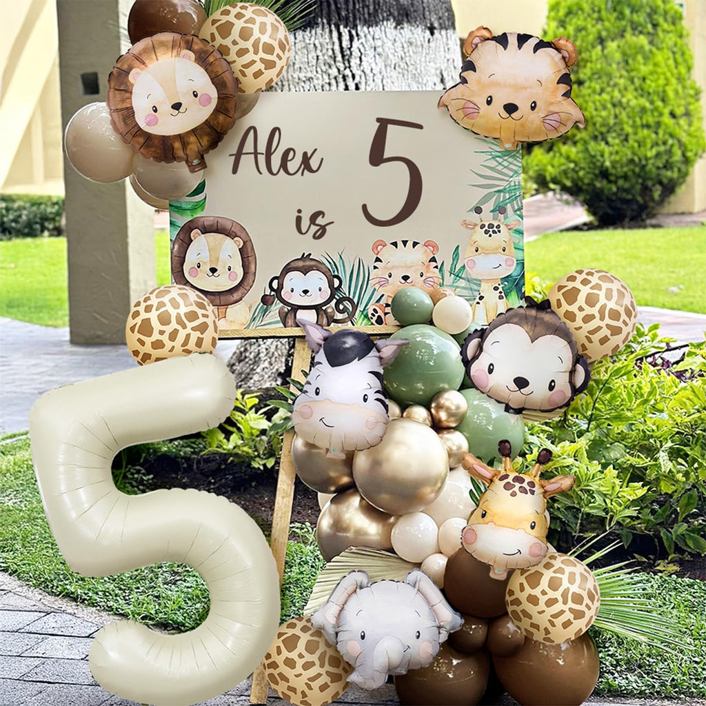 Wuokkig Cream Safari Balloon Garland Kit for 2nd Birthday – 55-Piece Jungle Animal Decor Set with Number 2 Foil Balloon