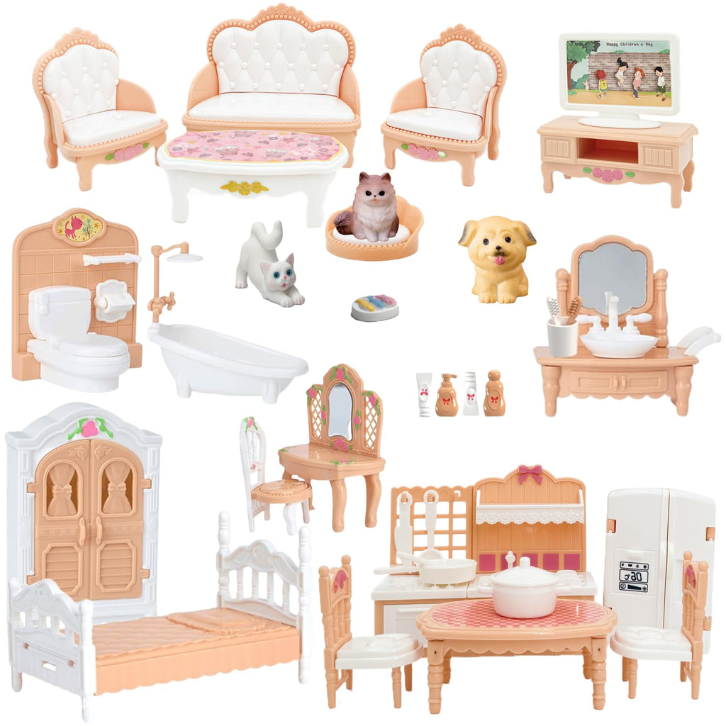 Xadothat 36-Piece Dollhouse Furniture Set - Complete Room Collection with Kitchen, Dining, Living Room, Bedroom, Bathroom Accessories