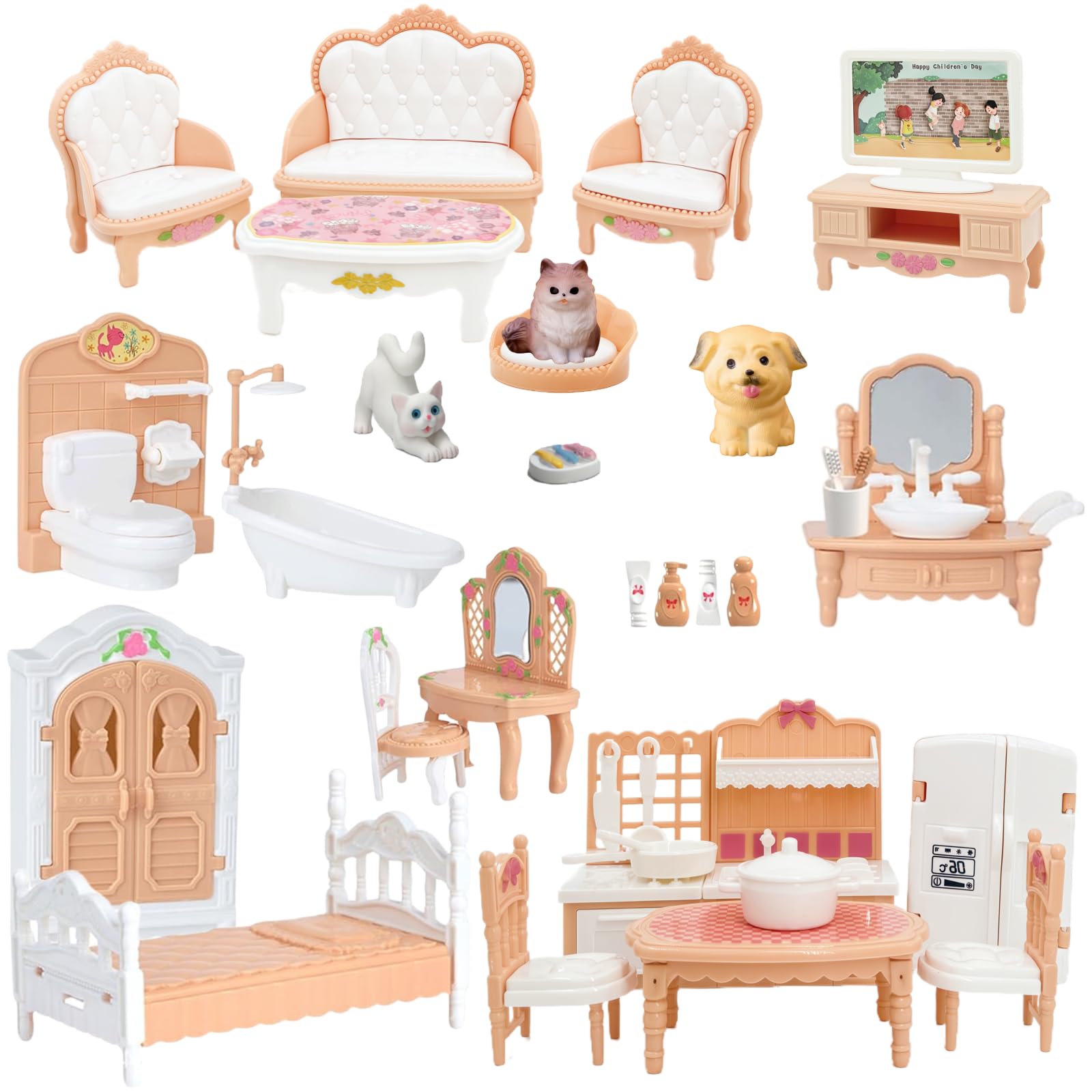 Xadothat 36-Piece Dollhouse Furniture Set - Complete Room Collection with Kitchen, Dining, Living Room, Bedroom, Bathroom Accessories
