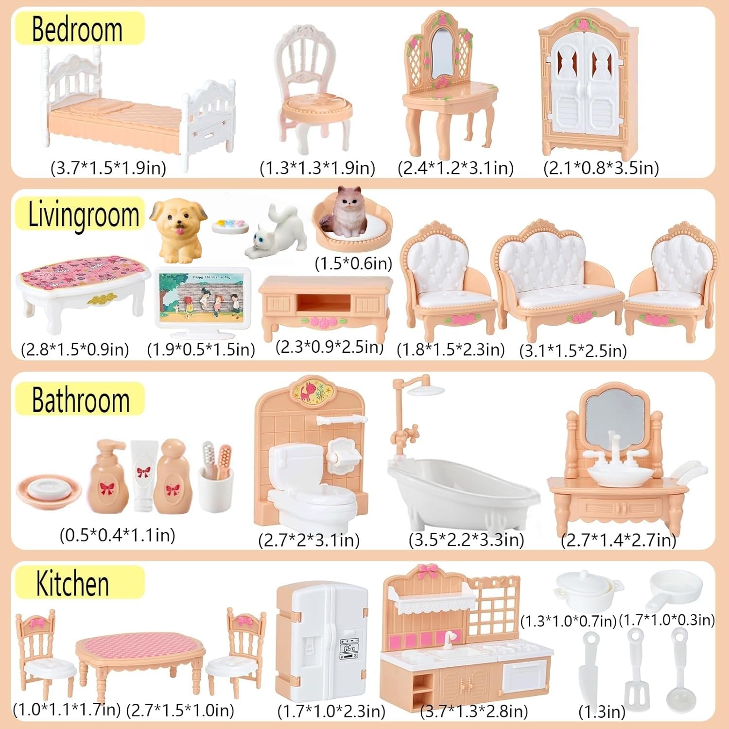 Xadothat 36-Piece Dollhouse Furniture Set - Complete Room Collection with Kitchen, Dining, Living Room, Bedroom, Bathroom Accessories