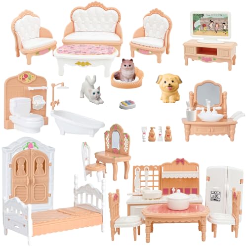 Xadothat 36-Piece Dollhouse Furniture Set - Complete Room Collection with Kitchen, Dining, Living Room, Bedroom, Bathroom Accessories