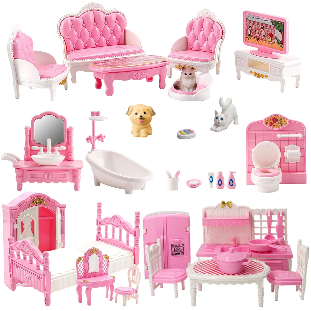 Xadothat 36-Piece Pink Dollhouse Furniture Set – Complete Collection for Kitchen, Dining, Living Room, Bedroom & Bathroom