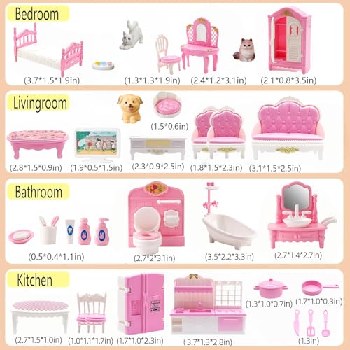 Xadothat 36-Piece Pink Dollhouse Furniture Set – Complete Collection for Kitchen, Dining, Living Room, Bedroom & Bathroom
