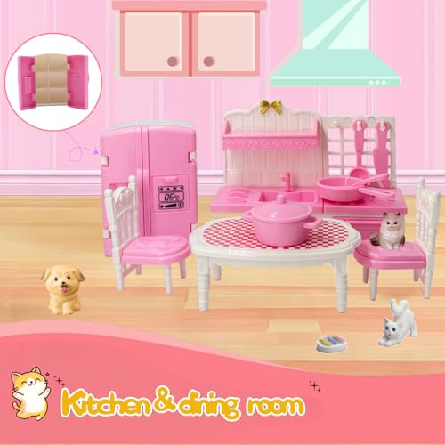 Xadothat 36-Piece Pink Dollhouse Furniture Set – Complete Collection for Kitchen, Dining, Living Room, Bedroom & Bathroom